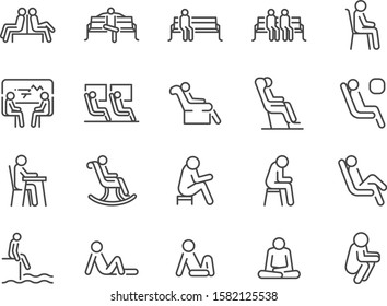 Wait icon set. Included icons as seat, sit, chair, armchair, bench and more.