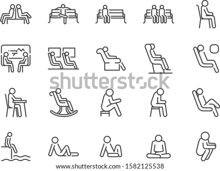 Wait icon set. Included icons as seat, sit, chair, armchair, bench and more.