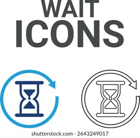 Wait icons, Line art icons Timer, alarm, schedule, hourglass, clock icons. Solid icon collection.