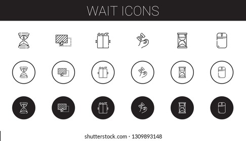wait icons set. Collection of wait with hourglass, drag, elevator, mouse. Editable and scalable wait icons.