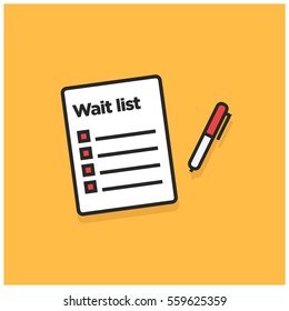 Wait List With pen (Line Art Vector Illustration in Flat Style Design)