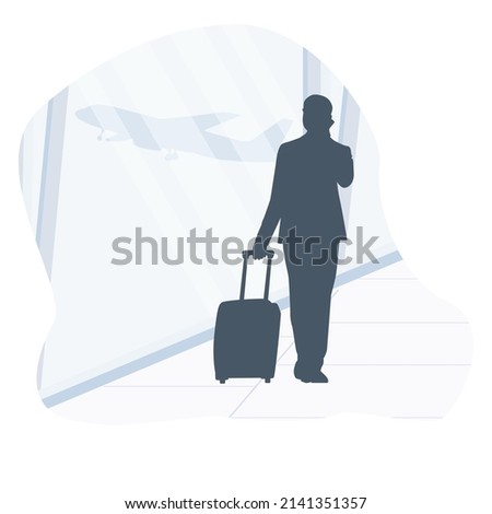 Wait for Plane. Silhouette of a man talking on the phone, Businessman Looking Through Window in Airport, Talking On Phone At Airport 
