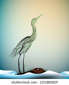wait the spring, crane bird look like tree branches with the nest and look at the fist ray of the sun, spring beautiful composition, vector