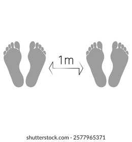 Wait stand here sign. Keep safe distance 1 meter.Floor Marking with footprints for queue.Physical social distancing icon.Epidemic protective equipment.Vector Image.Preventive measures steps to protect