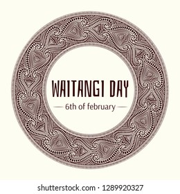 Waitangi day background vector. 6 February. New Zealand holiday. Maori pattern round stamp design.