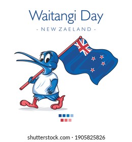Waitangi Day New Zealan, dduck mascot holding a flag vector illustration