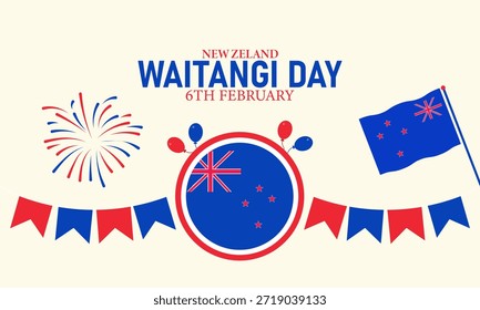 Waitangi Day Poster Banner and Background Design Template Com Tratado Casa Māori Chiefs Bandeira de samambaia Kapa Haka Ilustração para 6 de fevereiro Tema do Dia Nacional da Nova Zelândia