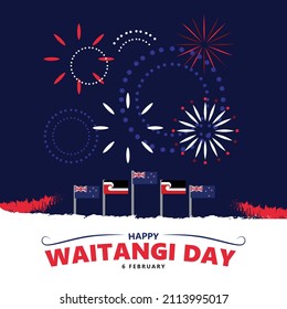 Waitangi day vector illustration with New Zealand and Maori flags. National day of New Zealand greeting card and social media template.