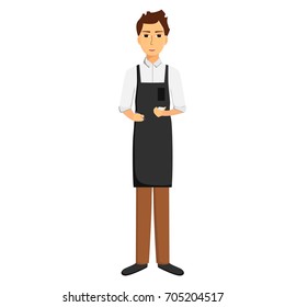 Waiter in apron isolated on white background. Taking order. Vector illustration
