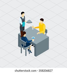 Waiter attending customers at the table serving food and drinks profession concept isometric banner abstract vector illustration