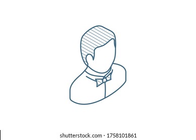 waiter avatar, man whith bow tie isometric icon. 3d vector illustration. Isolated line art technical drawing. Editable stroke