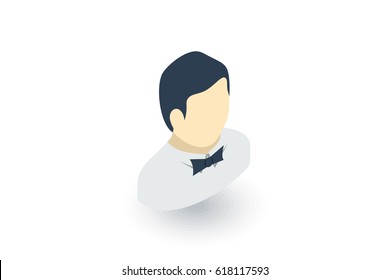 waiter avatar, man whith bow tie isometric flat icon. 3d vector colorful illustration. Pictogram isolated on white background