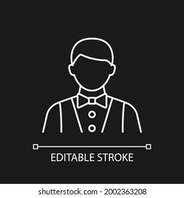 Waiter and barman white linear icon for dark theme. Making meals for passengers during vacation. Thin line customizable illustration. Isolated vector contour symbol for night mode. Editable stroke