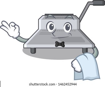 Waiter binding machine above wood table cartoon