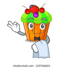 Waiter black currant cupcake isolated on mascot