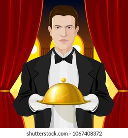 Waiter in black suit hold the waiter tray in the arms. Red curtain and light filled interior behind