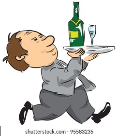 A waiter with a bottle of wine and wine glasses. Vector illustration.