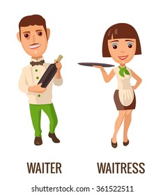 Waiter with bottle wine. Waitress with tray. Vector flat illustration isolated on white background. Hand drawn design element for label and poster