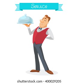 Waiter in a bow-tie serving a dish in a silver platter with lid