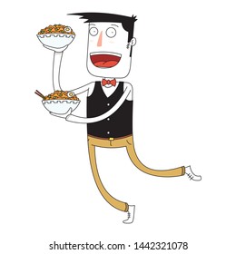 Waiter bring some bowls of noodles