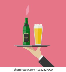 Waiter brings a bottle and a glass of beer. Flat illustration of tray with beer and glass