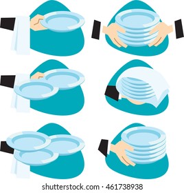 Waiter brings few dishes at a time. Waiter arm with towel and dishes. Waiter arm with clean dishes set in towel. Isolated. On aquamarine background.