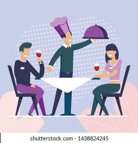 Waiter Brought Food Order to Man and Woman on Fast Date. Cartoon People Characters Sitting at Table in Cafe and Talking. First Dating, Romantic Dinner with Alcohol Drinks. Vector Illustration