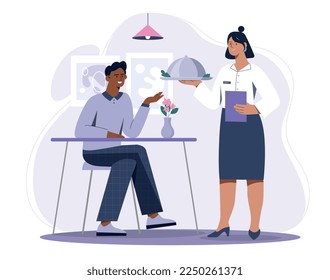 Waiter at cafe concept. Small business owner of restaurant. Client receives ordered dish, quality service. Poster or banner for website. Comfort and coziness. Cartoon flat vector illustration