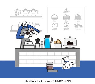 Waiter At The Cafe Dessert Counter Hand Drawn Character Illustration