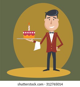 Waiter with  cake on tray on outstretched arm. Simple flat vector.EPS 10.