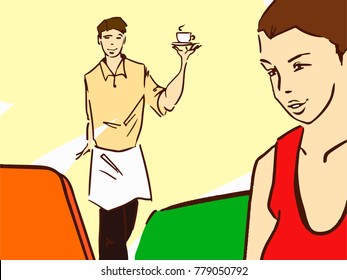 The waiter carries coffee to the visitor. Lady works for a laptop in a cafe waiting for her coffee. Color vector sketch.