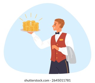 Waiter carries gold sparkling coins on tray. Financing or investing in business. Tips for servant and bartender. Cafe staff holding plate. Hotel hospitality. Golden cash