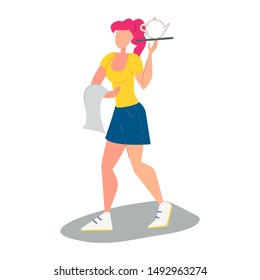 The waiter carries a tray with a kettle.vector illustration of a young woman the waiter holding a tray with a kettle and a Cup, flat design