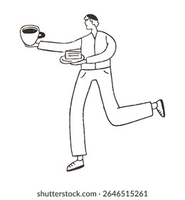 Waiter carrying cup of coffee and cake, cartoon doodle vector illustration isolated on white background. Hand drawn outline art with grunge texture. Concepts of cafe.