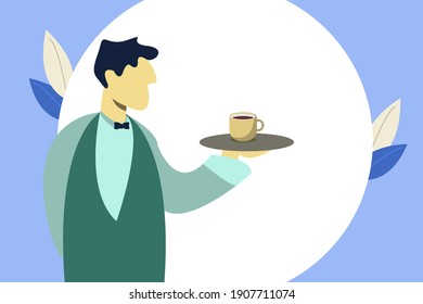Waiter carrying cup tea and coffee take care Customer service . Serving food waiter uniform holding a dish of chicken. 