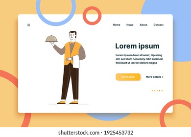 Camarero cargando el plato. Hombre con corbata con toalla en la ilustración vectorial plana de mano. Restaurante, cena, concepto de restauración para banner, diseño de sitio web o página web de aterrizaje