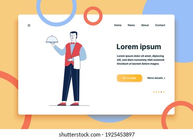 Camarero cargando el plato. Hombre con corbata con toalla en la ilustración vectorial plana de mano. Restaurante, cena, concepto de restauración para banner, diseño de sitio web o página web de aterrizaje