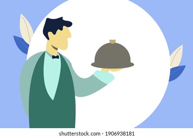 Waiter carrying food. Serving food waiter uniform holding a dish of chicken. 