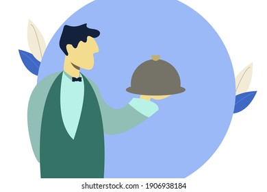 Waiter carrying food. Serving food waiter uniform holding a dish of chicken. 