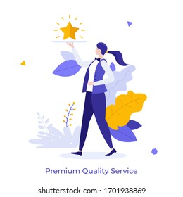 Waiter carrying golden shining star on tray. Concept of professional service of premium quality, luxury restaurant, vip bonus. Modern flat colorful vector illustration for advertisement, promotion.