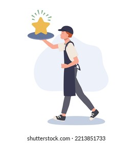 Waiter carrying golden shining star on tray. professional service concept. vector illustration.