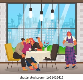 Waiter carrying order to table with female friends taking selfie. People spending weekends together. Lady with camera sitting in coffeehouse with modern interior. Wide window with cityscape vector