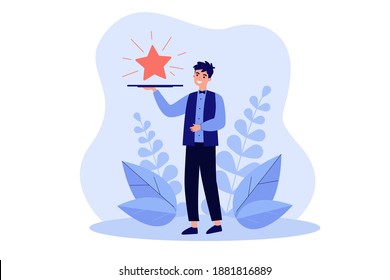 Waiter carrying star on tray. Restaurant offering premium service. Vector illustration for premium quality, vip bonus, advertisement concepts