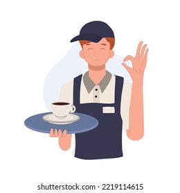 Waiter carrying a tray with coffee is doing  okay hand sign. Vector illustration.