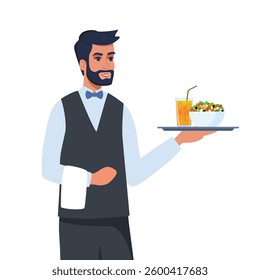 Waiter carrying tray with food and drink. Man character. Restaurant staff, service, professional kitchen, cooking, food concept.