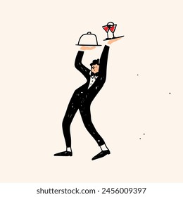 Waiter carrying tray with food and drinks. Cute cartoon character. Hand drawn Vector illustration. Isolated design element. Restaurant staff, service, professional kitchen, cooking, food concept