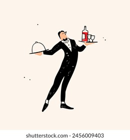 Waiter carrying tray with food and drinks. Cute cartoon character. Hand drawn Vector illustration. Isolated design element. Restaurant staff, service, professional kitchen, cooking, food concept