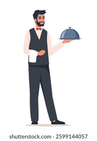 Waiter carrying tray. Man character. Restaurant staff, service, professional kitchen, cooking food concept