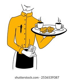 Camarero llevando la bandeja con la comida ordenada. Trabajador de restaurante con uniforme. Pedir magdalenas y café o té en la cafetería. Ilustración vectorial plana de dibujos animados de dibujos animados aislados sobre fondo transparente