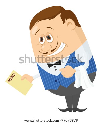 Waiter, cartoon character, man in blue uniform with menu, isolated over a white background. Vector